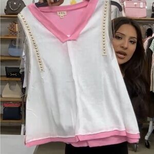 POL Women's White and Pink Sleeveless Top